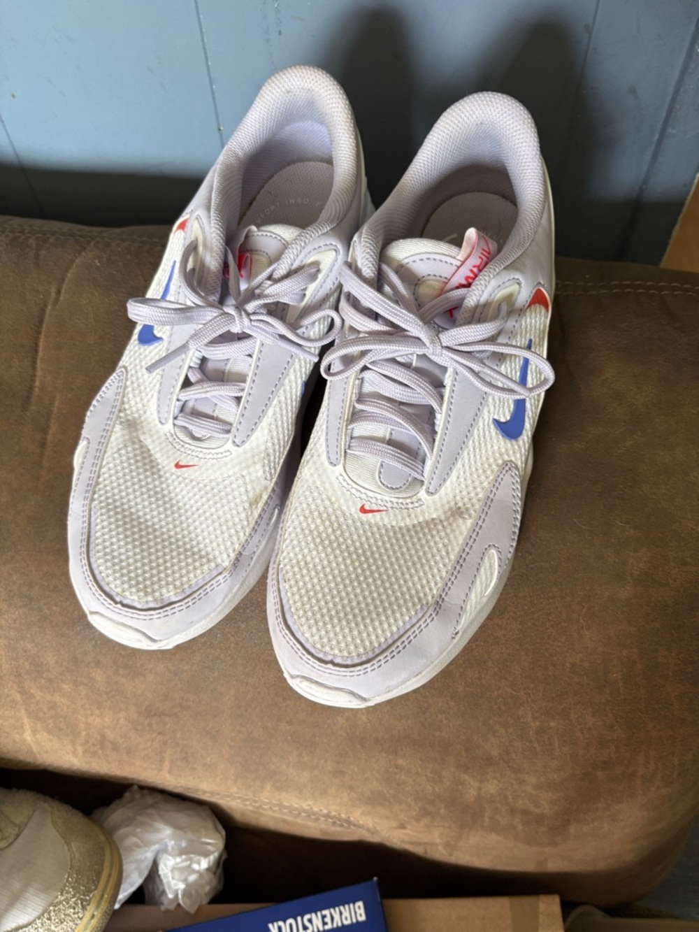 Nike White Mesh Sneakers with Blue Swoosh and Red Accents